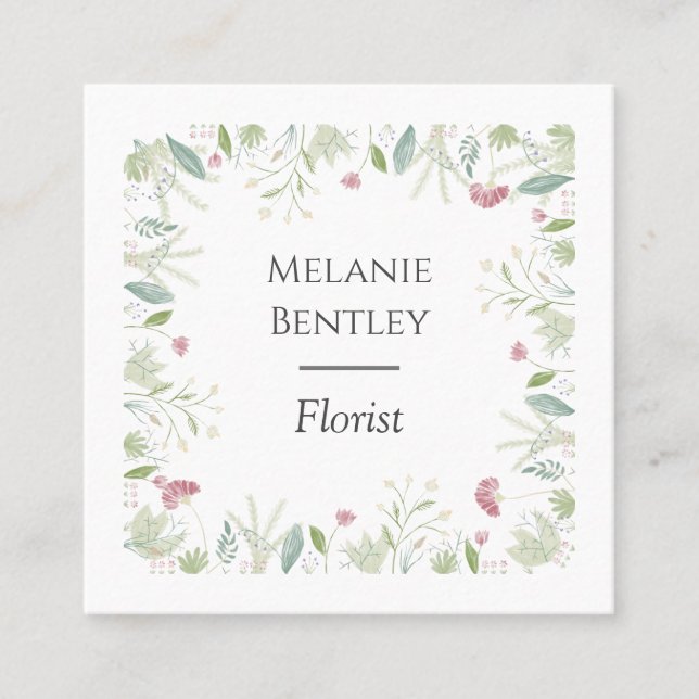 Elegant Watercolor Botanical Floral Frame Square Business Card (Front)