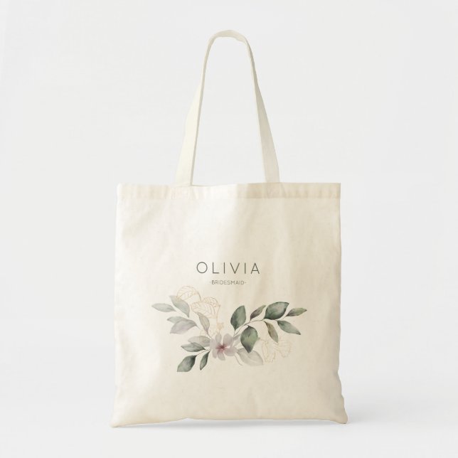 Elegant Watercolor Botanical Flower Bridesmaid Tote Bag (Front)