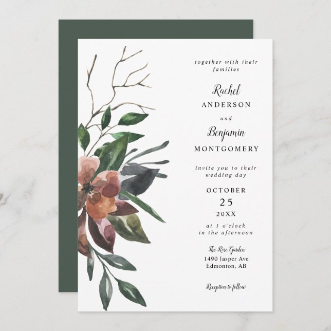 elegant watercolor botanical flowers chic wedding invitation (Front/Back)