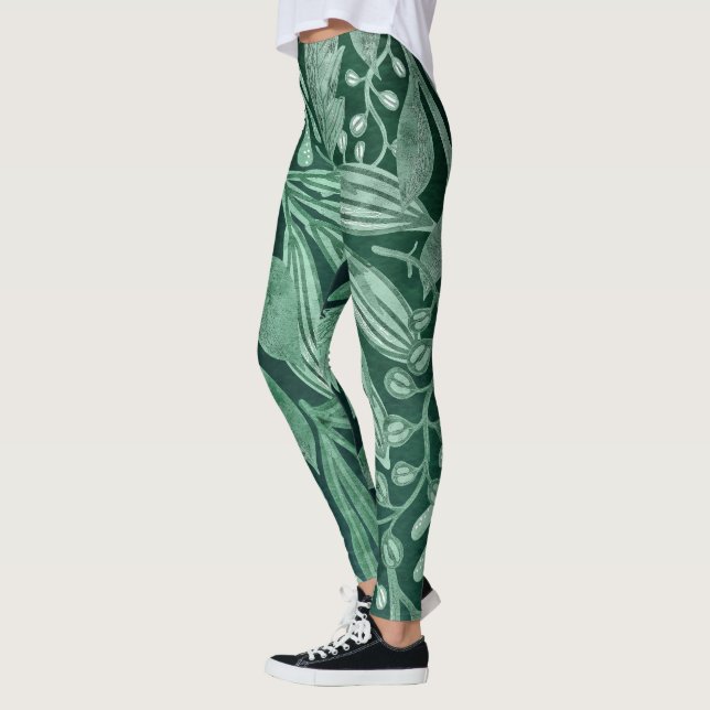Elegant Watercolor Botanical Green Leaves Artwork Leggings (Left)