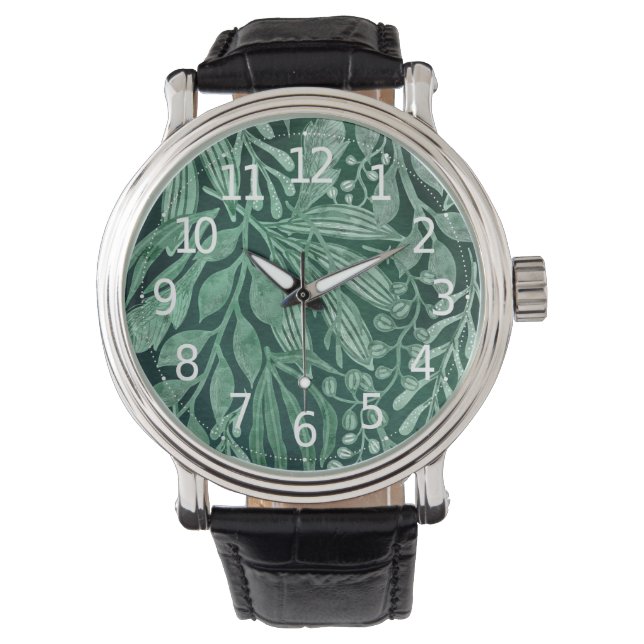 Elegant Watercolor Botanical Green Leaves Artwork Watch (Front)