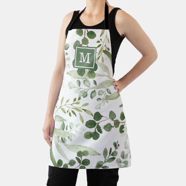 Elegant Watercolor Botanical Greenery Monogram Apron (Insitu)