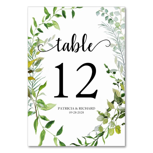 Elegant Watercolor Botanical Greenery Table Number (Front)