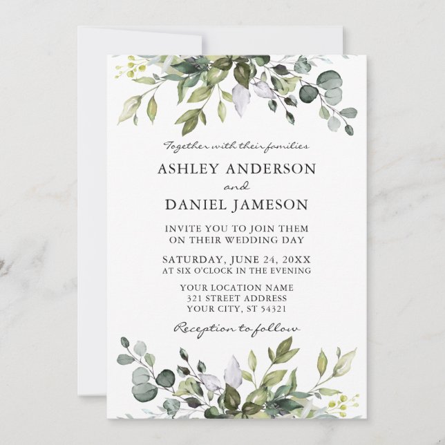 Elegant Watercolor Botanical Greenery Wedding Invitation (Front)