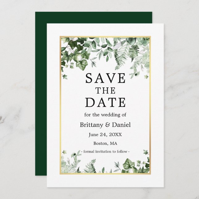 Elegant Watercolor Botanical Ivy Greenery Gold Save The Date (Front/Back)