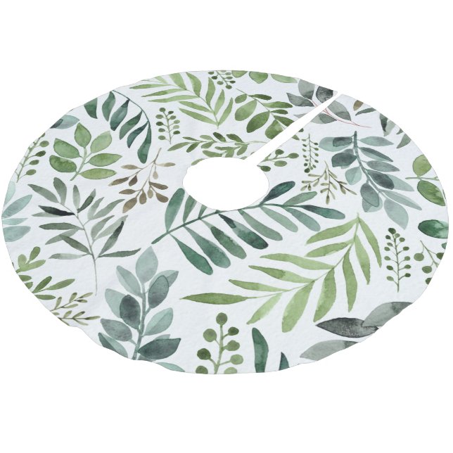 Elegant Watercolor Botanical Leaves  Brushed Polyester Tree Skirt (Angled)