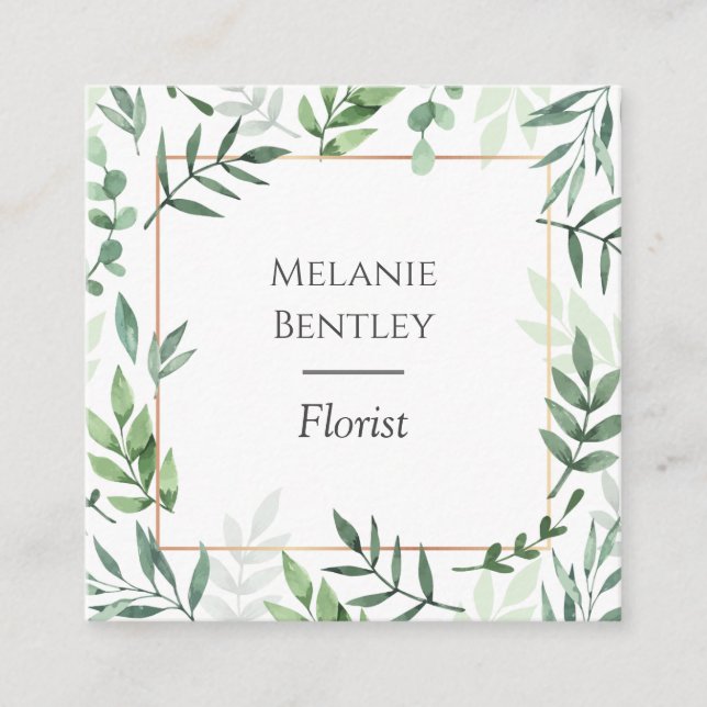 Elegant Watercolor Botanical Leaves Frame Square Business Card (Front)