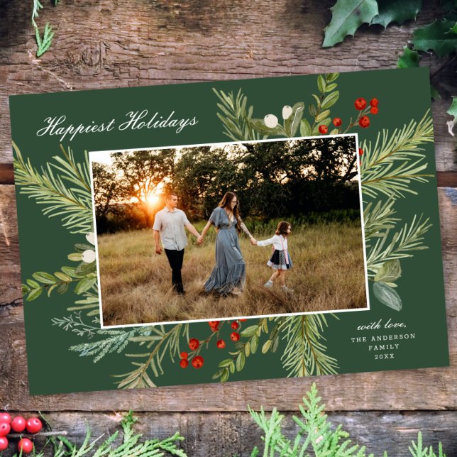 Elegant Watercolor Botanical One Photo Christmas  Holiday Card (Creator Uploaded)