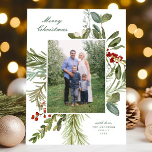 Elegant Watercolor Botanical One Photo Christmas  Holiday Card