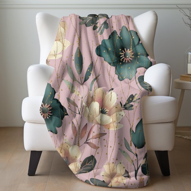 Elegant Watercolor Botanical Pattern Blush Pink Fleece Blanket (Creator Uploaded)