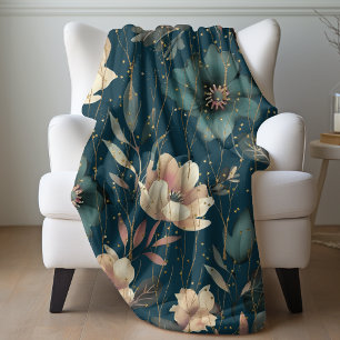 Elegant Watercolor Botanical Pattern Dark Blue Fleece Blanket