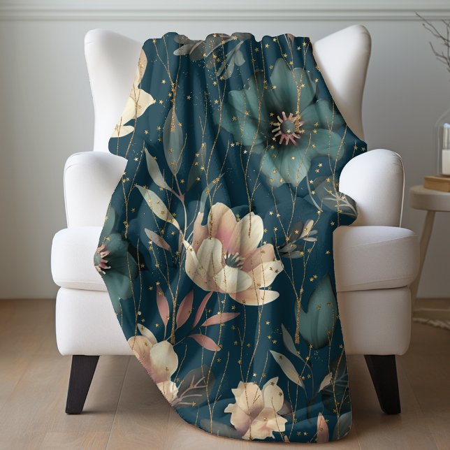 Elegant Watercolor Botanical Pattern Dark Blue Fleece Blanket (Creator Uploaded)