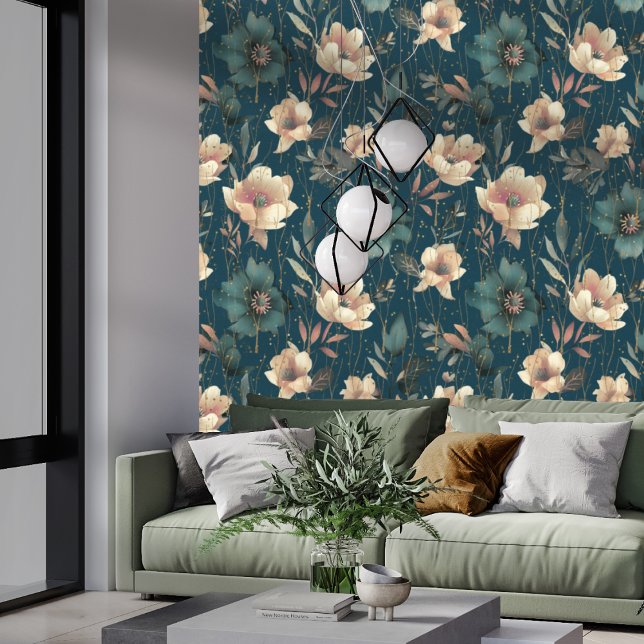 Elegant Watercolor Botanical Pattern Dark Blue Wallpaper (Creator Uploaded)