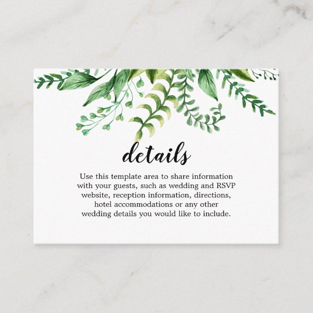 Elegant Watercolor Botanical Wedding Details Enclosure Card (Front)