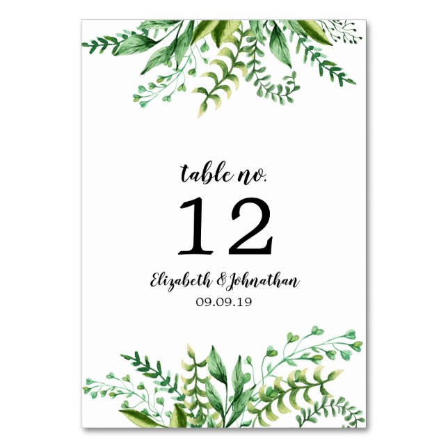 Elegant Watercolor Botanical Wedding Reception Table Number (Front)