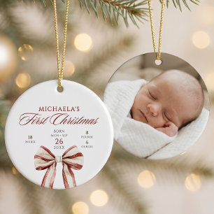 Elegant Watercolor Bow Baby First Christmas Photo Ceramic Tree Decoration