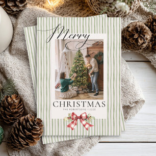 Elegant Watercolor Bow Greenery Script Christmas Holiday Card