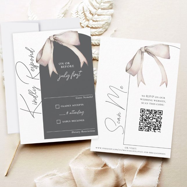 Elegant Watercolor Bow Modern Arch Wedding RSVP Card (Elegant modern floppy white watercolor coquette bow charcoal gray arch wedding QR code RSVP card)