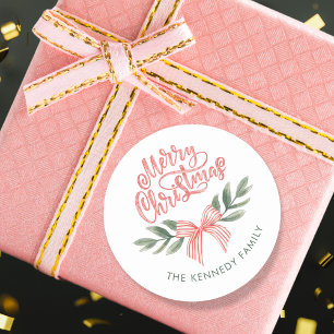 Elegant Watercolor Bow Pink Merry Christmas  Classic Round Sticker