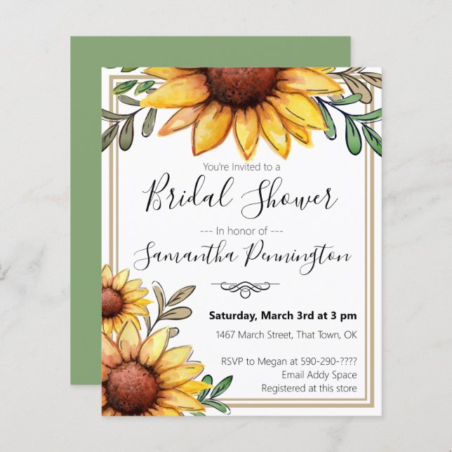 Elegant Watercolor Bridal Shower Budget Invitation (Front/Back)