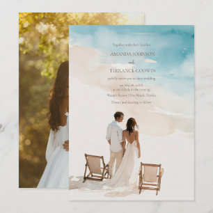 Elegant Watercolor Bride Groom Beach Wedding Invitation
