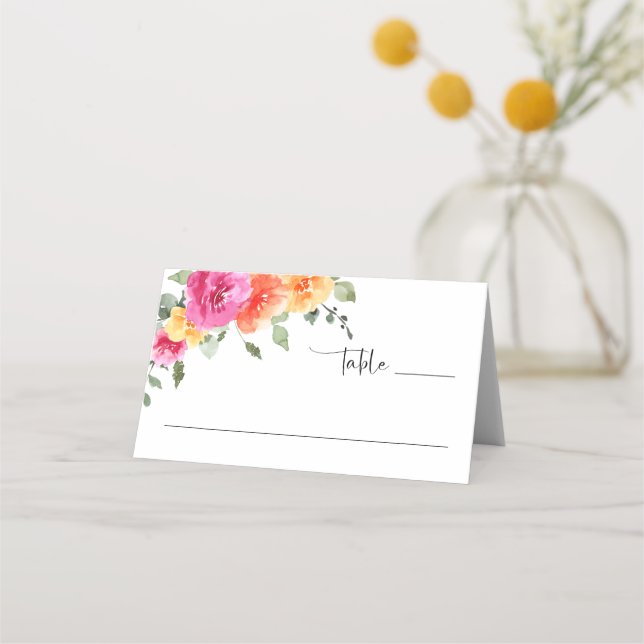 Elegant Watercolor Bright Flowers Floral Wedding Place Card (Front)