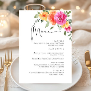 Elegant Watercolor Bright Flowers Wedding Dinner Menu