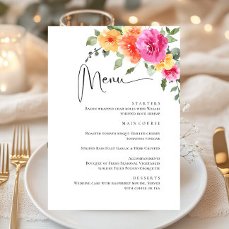 Elegant Watercolor Bright Flowers Wedding Dinner Menu