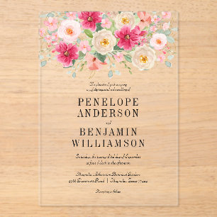 Elegant Watercolor Bright Pink Floral Wedding Acrylic Invitations