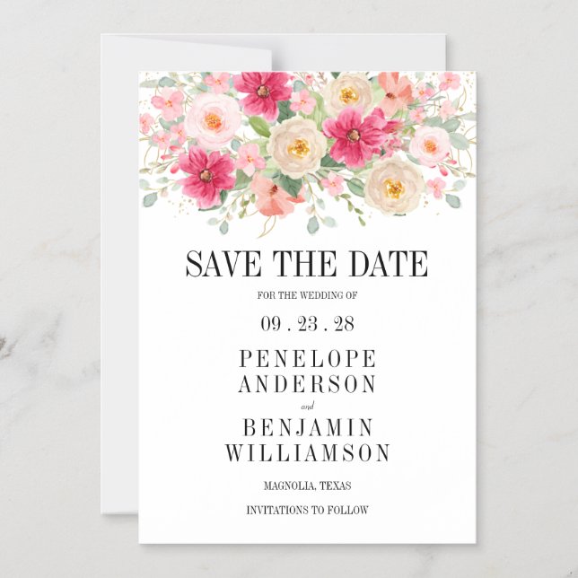 Elegant Watercolor Bright Pink Floral Wedding Magnetic Invitation (Front)