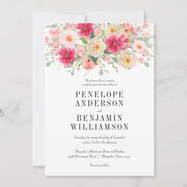 Elegant Watercolor Bright Pink Wedding  Invitation (Front)