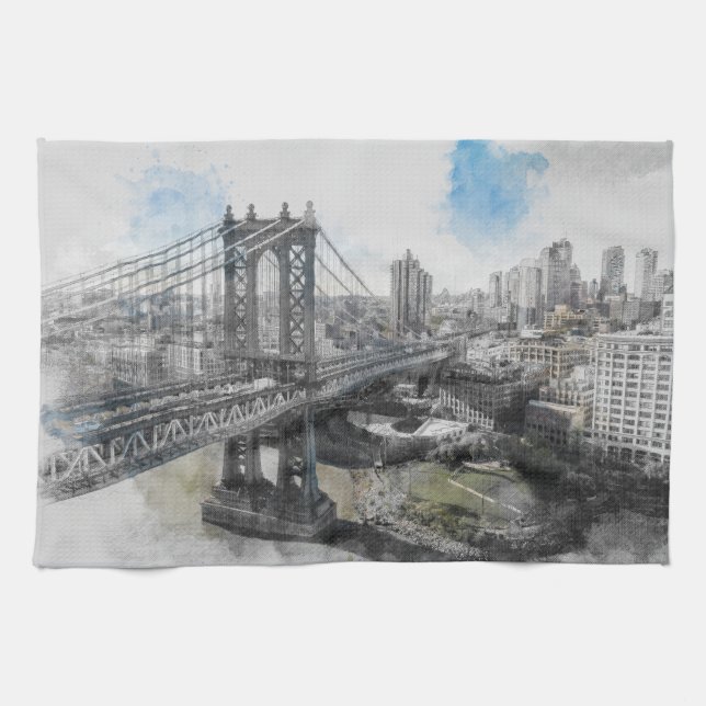 Elegant Watercolor Brooklyn Bridge Kitchen Towels  (Horizontal)