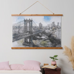 Elegant Watercolor Brooklyn Bridge NYC Hanging Tapestry