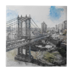 Elegant Watercolor Brooklyn Bridge NYC Tile
