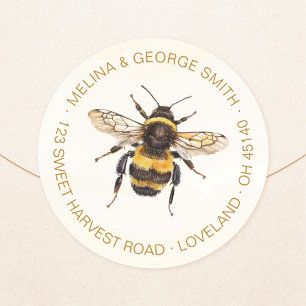 Elegant Watercolor Bumblebee Return Address Classic Round Sticker