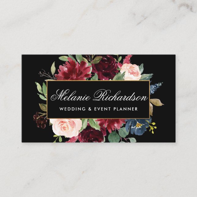 Elegant Watercolor Burgundy Black Gold Frame Business Card (Front)