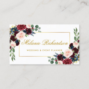 Elegant Watercolor Burgundy Blue Floral Gold Business Card