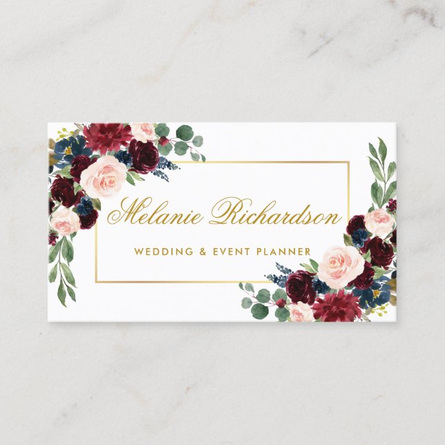 Elegant Watercolor Burgundy Blue Floral Gold Business Card (Front)