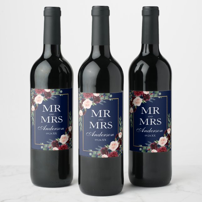 Elegant Watercolor Burgundy Blue Floral Wedding Wine Label (Bottles)