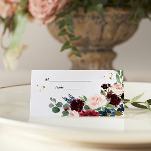 Elegant Watercolor Burgundy Blush & Gold Drops Place Card