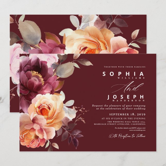 Elegant watercolor Burgundy Bouquet Floral Wedding Invitation (Front/Back)