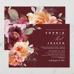 Elegant watercolor Burgundy Bouquet Floral Wedding Invitation