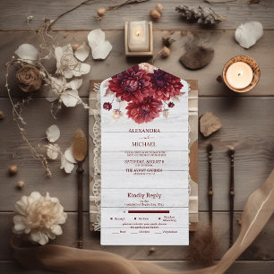 Elegant Watercolor Burgundy Dahlia Wedding All In One Invitation
