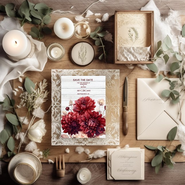 Elegant Watercolor Burgundy Dahlia Wedding Save The Date (Creator Uploaded)