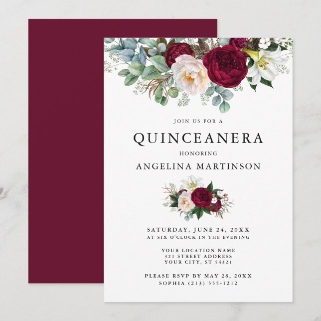 Elegant Watercolor Burgundy Floral Quinceanera Invitation (Front/Back)