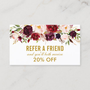 Elegant Watercolor Burgundy Floral Referral Business Card