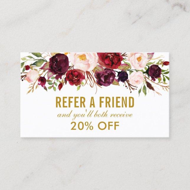 Elegant Watercolor Burgundy Floral Referral Business Card (Front)