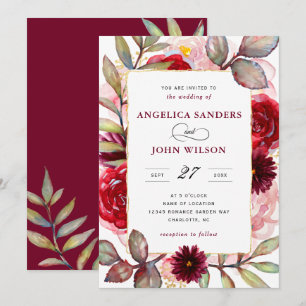 Elegant Watercolor Burgundy Floral Rustic Wedding Invitation