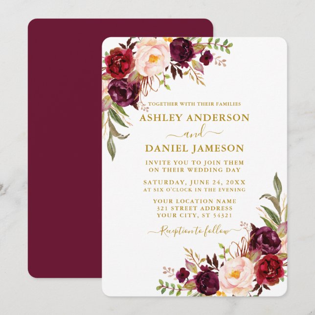 Elegant Watercolor Burgundy Floral Wedding Gold Invitation (Front/Back)