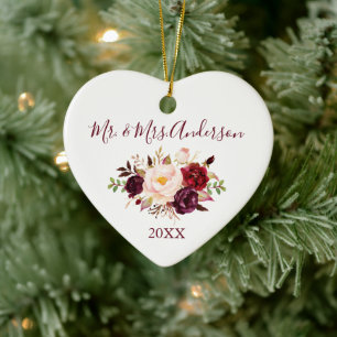 Elegant Watercolor Burgundy Floral Wedding Heart Ceramic Tree Decoration